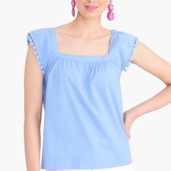 J. Crew square neck Pom Pom sleeve blue top size 10 - Picture 1 of 9